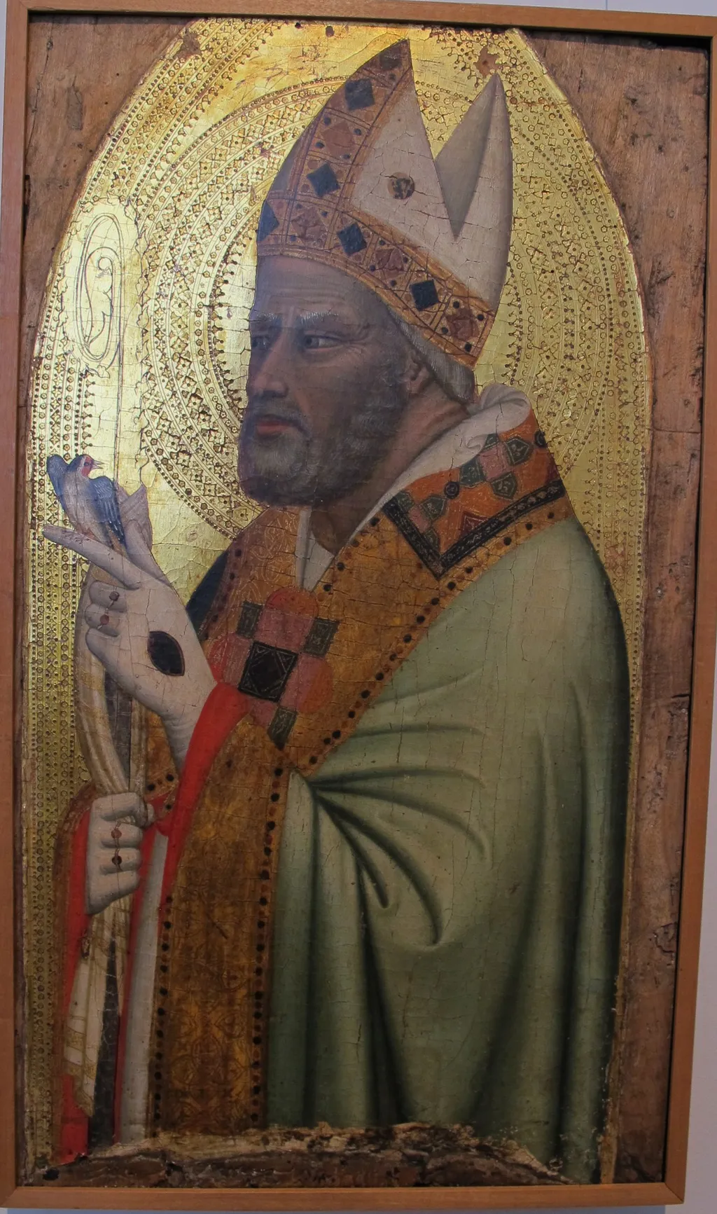 Holy bishop wit a goldfinch, by Bernardo Daddi, oil