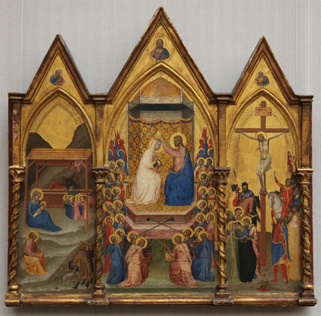 Triptych: the Nativity, the Coronation of the Virgin, and the Crucifixion, by Bernardo Daddi, paint, 1339