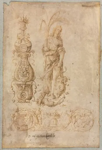 Design for a Candelabrum, Allegorical Figure of Abundance, Ornamental Relief Design, by Bernardo Parentino