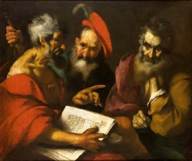 Dispute of the three wise men., by Bernardo Strozzi
