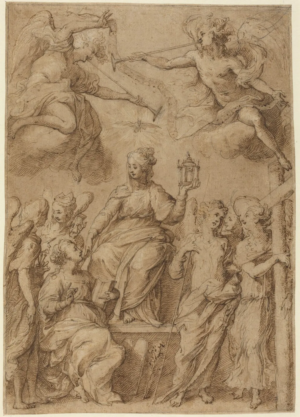 Ecclesia Surrounded by Angels Holding the Instruments of the Passion, by Bernardo Strozzi, chalk, 1613