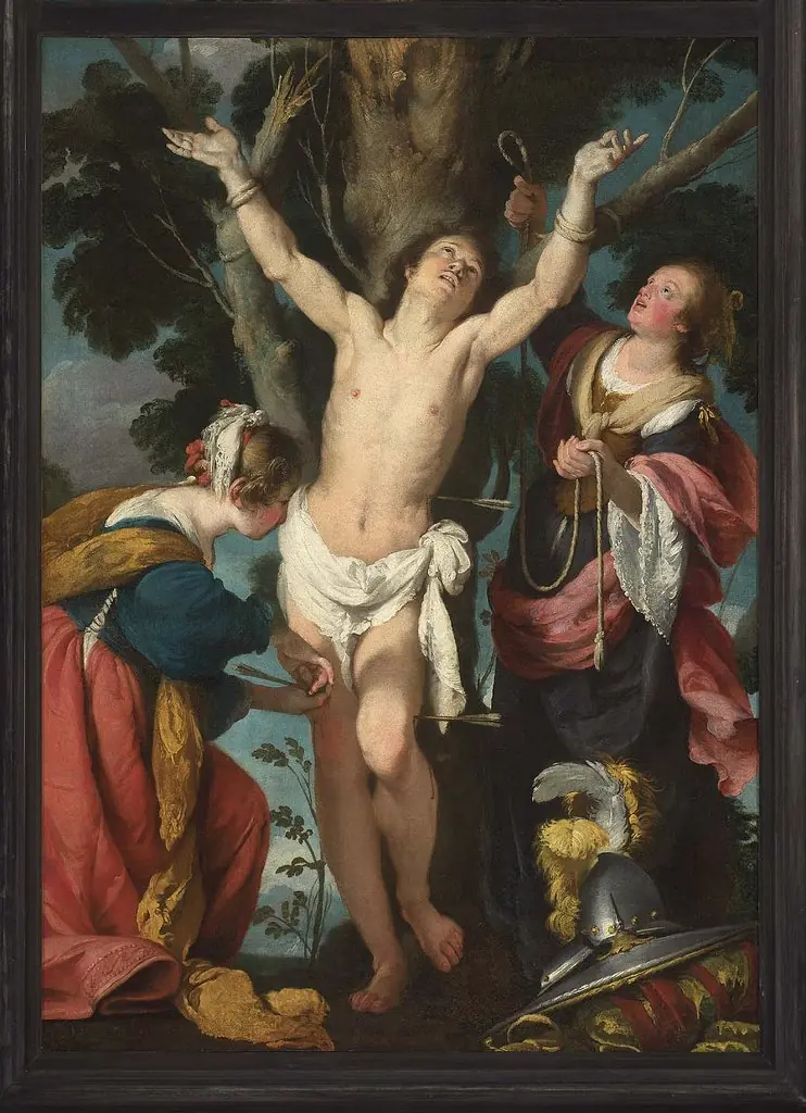 Saint Sebastian Tended by Saint Irene and Her Maid, by Bernardo Strozzi