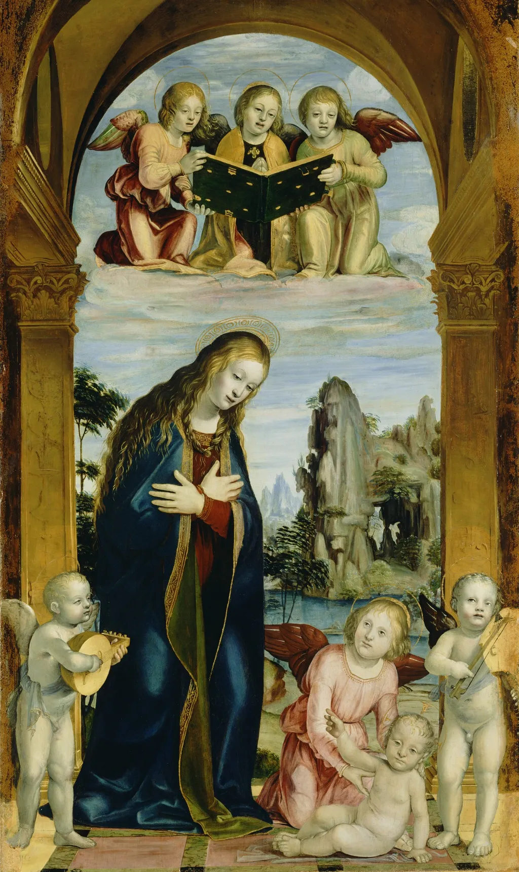 Madonna Adoring the Child with Musical Angels, by Bernardo Zenale, oil, 1502
