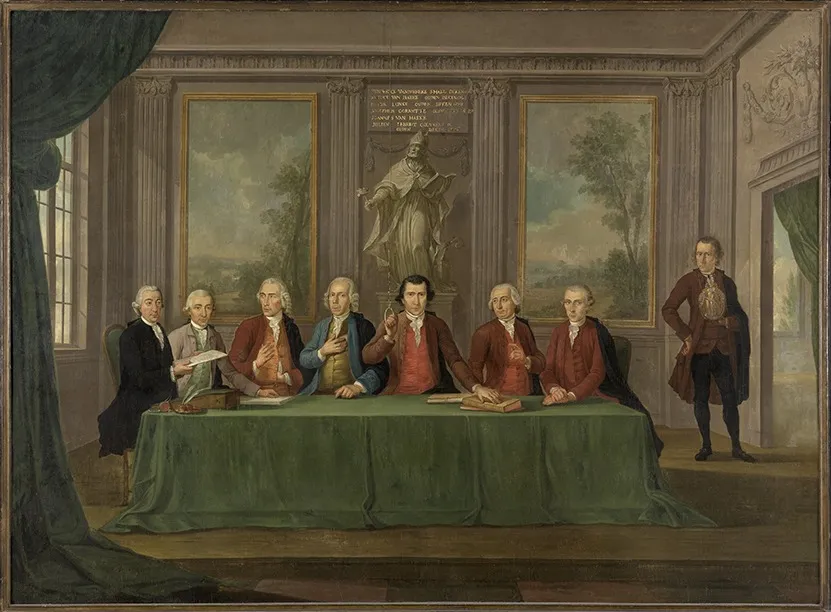 Het bestuur van het Brugse smedenambacht, by Bernardus Fricx, oil, 1792
