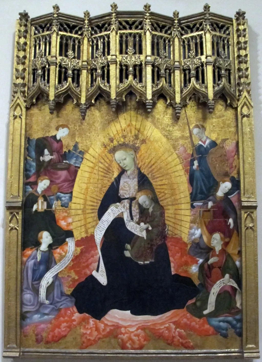 Enthroned Virgin and Child, with the Cardinal Virtues and Two Figures Holding Scrolls, by Bernat Martorell, unspecified