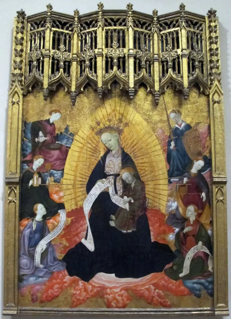 Enthroned Virgin and Child, with the Cardinal Virtues and Two Figures Holding Scrolls, by Bernat Martorell