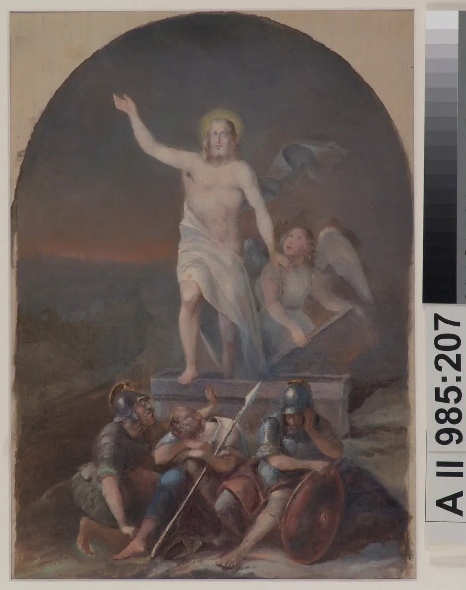 Kristuksen ylösnousemus, mahdollisesti Vihdin kirkon alttaritaulun luonnos ; Kristus uppståndelse, troligtvis skiss för altartavlan i Vihtis kyrka, by Berndt Abraham Godenhjelm, unspecified