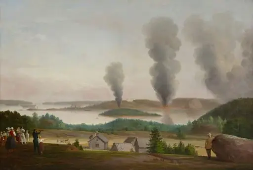 Ruotsinsalmi poltetaan, kohtaus "Oolannin sodasta" 1855, by Berndt Abraham Godenhjelm