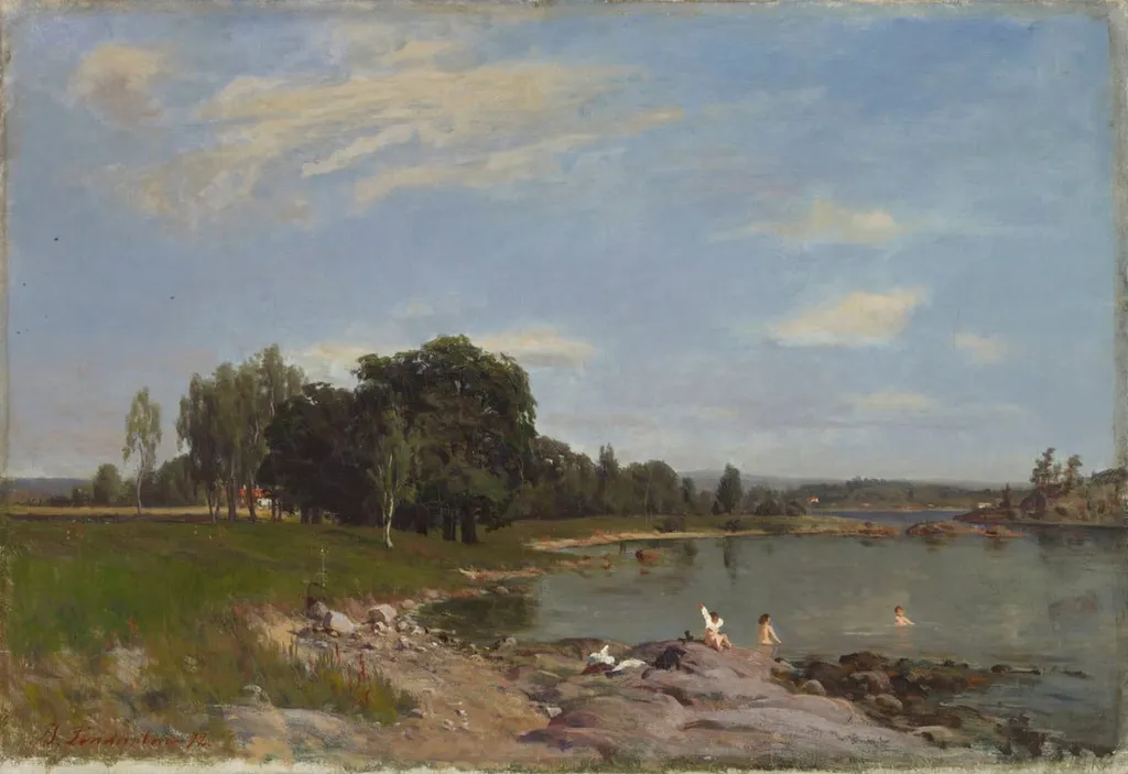 Rantamaisema, kylpeviä lapsia, by Berndt Lindholm, unspecified