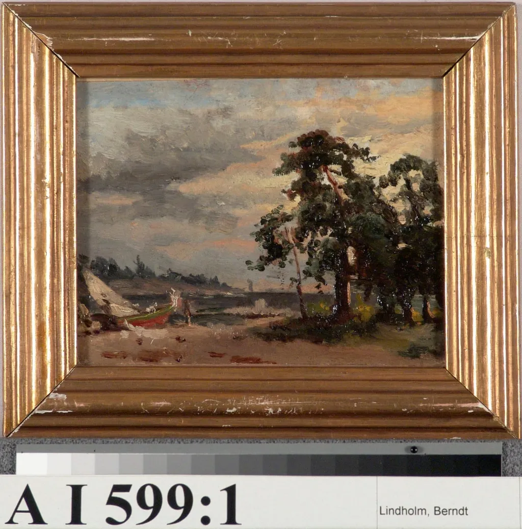 Rantamaisema, mäntyjä ja vene, by Berndt Lindholm, unspecified