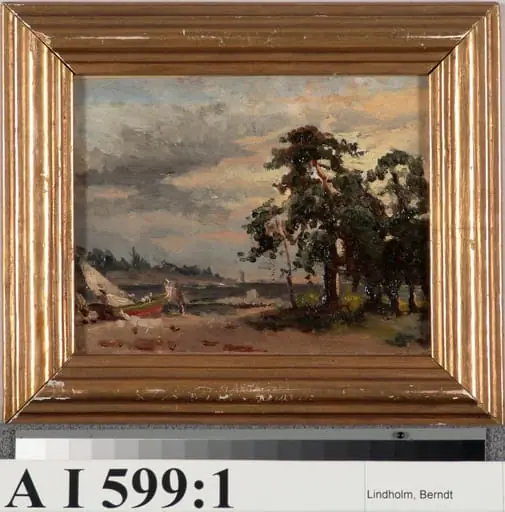 Rantamaisema, mäntyjä ja vene, by Berndt Lindholm