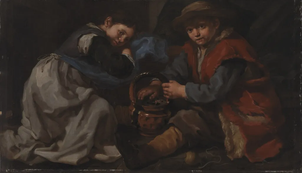 En pige og en dreng, der varmer sig ved et kulbækken, by Bernhard Keil, oil, 1657