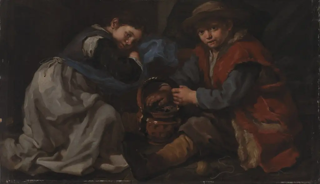 En pige og en dreng, der varmer sig ved et kulbækken, by Bernhard Keil