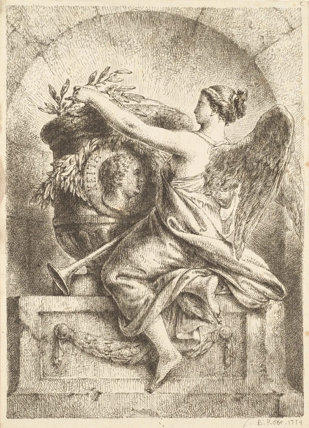 The Goddess of Fame Placing a Laurel Wreath on the Memorial to General Keith, by Bernhard Rode, ink, 1774