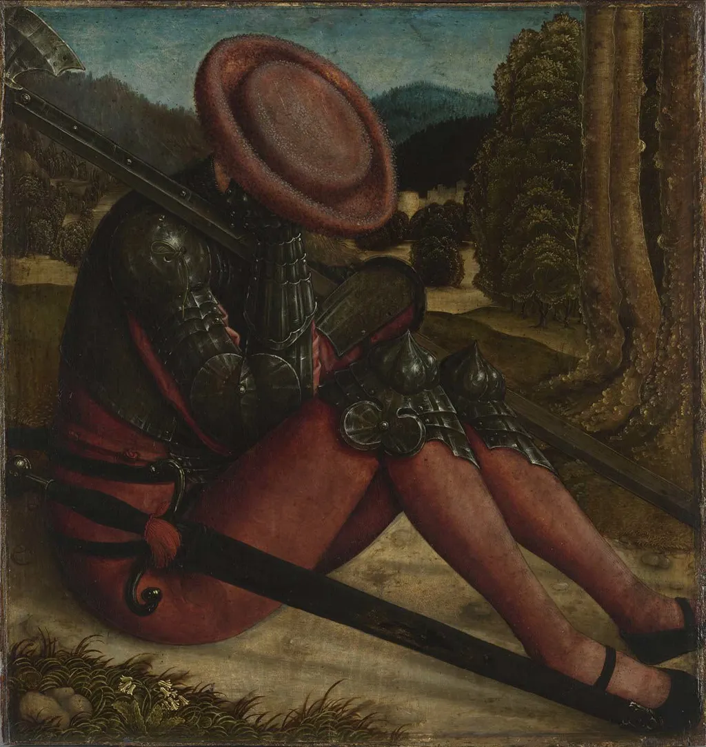 Sleeping guardian of a grave with sword and halberd, by Bernhard Strigel, oil, 1520