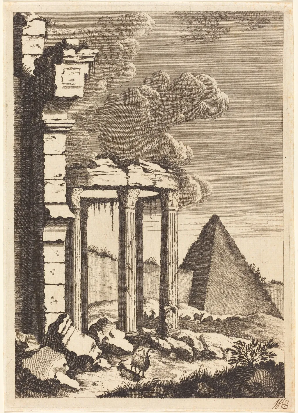 Goats before Ruins and a Pyramid, by Bernhard Zaech, ink, 1650