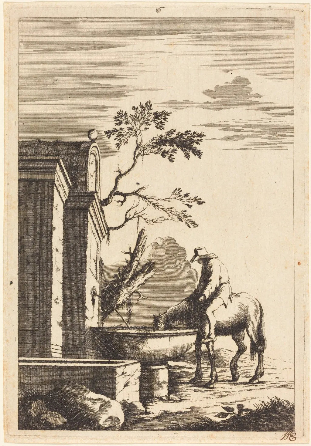 Horse and Rider at a Fountain, by Bernhard Zaech, ink, 1650