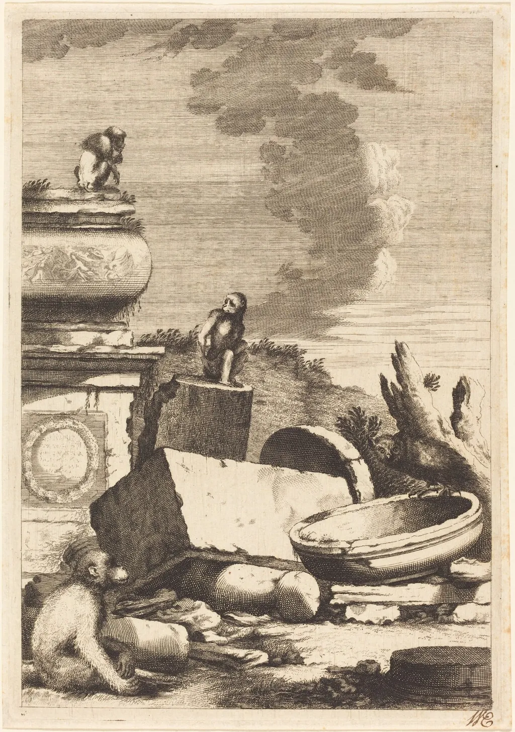 Ruins with Monkeys and an Owl, by Bernhard Zaech, ink, 1650