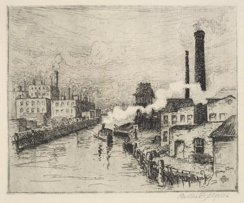 Factories on the Chicago River, by Bertha Evelyn Jaques, ink, 1904