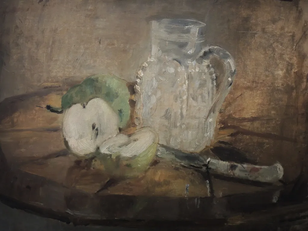 Sliced apple and pitcher, by Berthe Morisot, oil, 1888