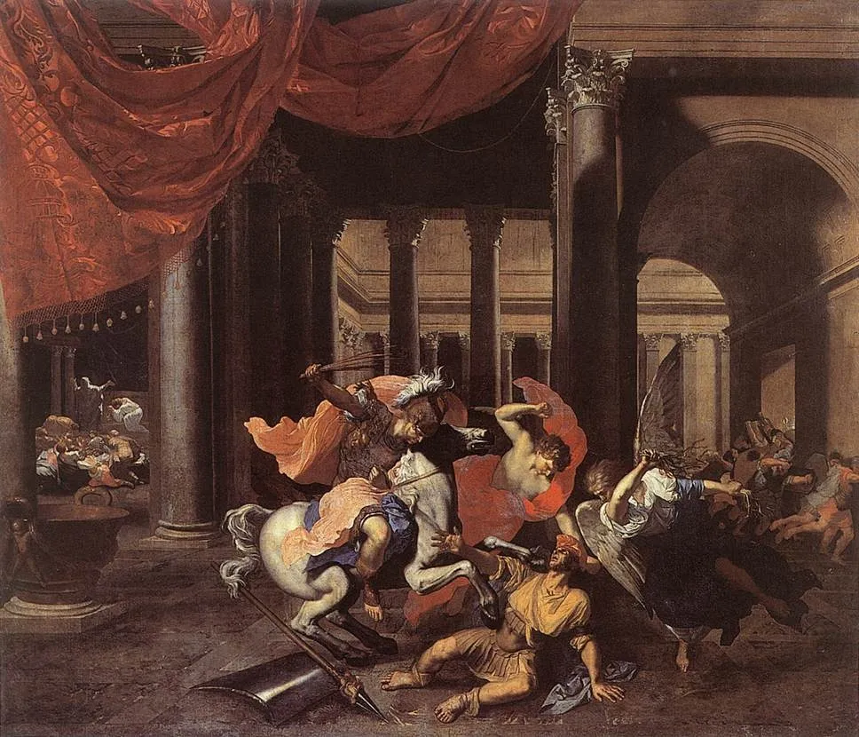 Heliodorus driven from the Temple, by Bertholet Flémal, oil, 1660