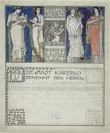 Design for a document for presentation to a mayor of Karlsbad, by Bertold Löffler