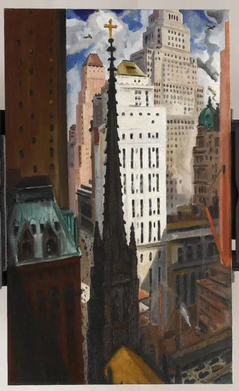 Trinity Church and Wall Street, by Bertram Hartman, oil, 1929