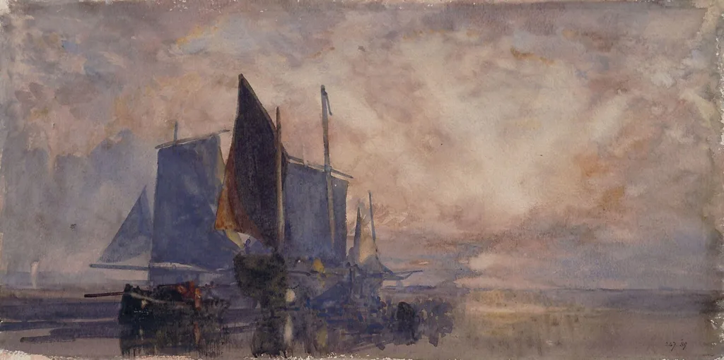 Fishing boats at anchor : Sunset, by Beverly, watercolor, 1830