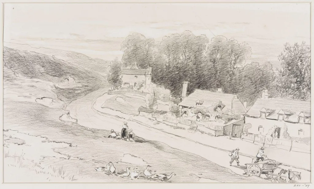 Road with cottages, carts, and geese, by Beverly, 1830