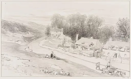 Road with cottages, carts, and geese, by Beverly