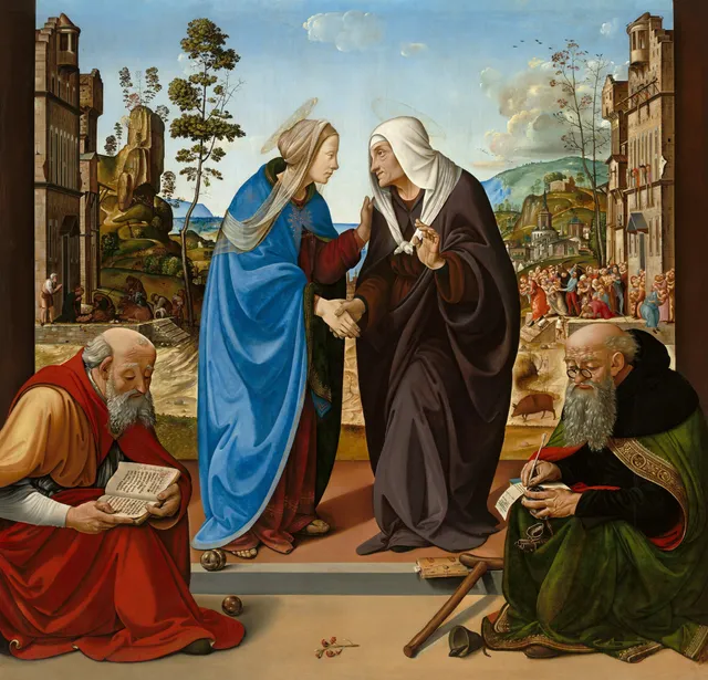 The Visitation with Saint Nicholas and Saint Anthony Abbot, the panel that holds Piero's whole method.