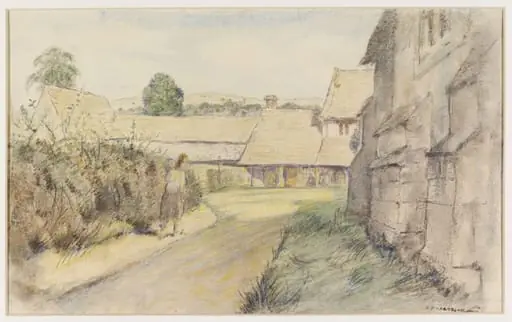 The Priory Farm and 13th century Chapel, Southam de la Bere, Nr. Cheltenham, by Archibald Standish Hartrick, watercolor, 1940