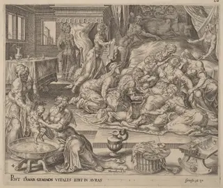 Birth of Pharez and Zara, by Herman Jansz Muller, ink, 1566