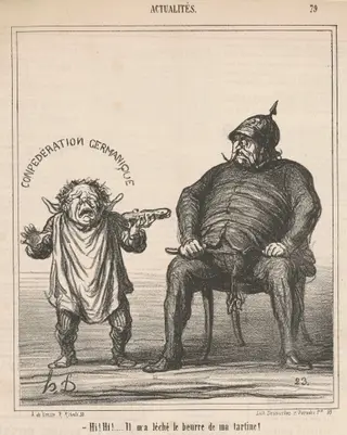 Hi! hi! ... Il m'a léché le beurre de ma tartine, by Honoré Daumier, ink, 1867