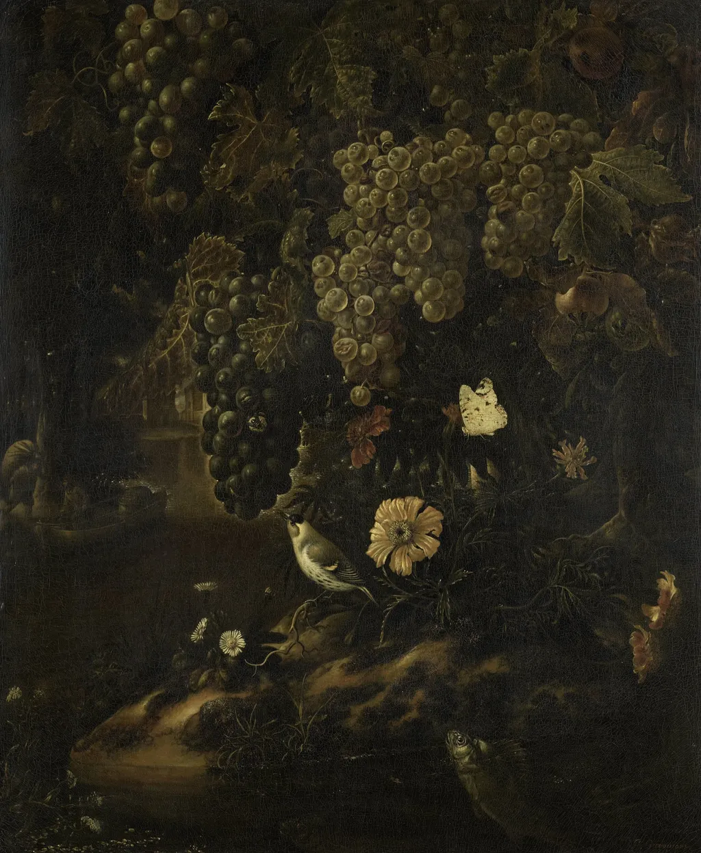 Grapes, Flowers and Animals, by Isac Vromans, oil, 1696