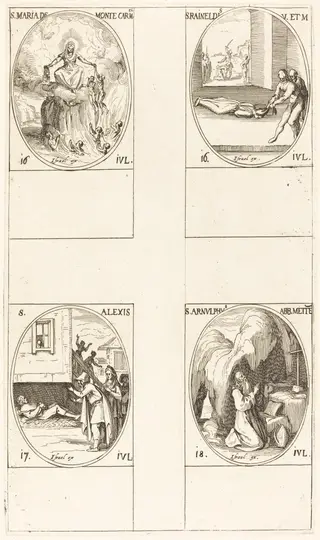 St. Mary of Mont Carmel; St. Raineldis; St. Alexis; St. Arnold of Metz, by Jacques Callot, ink, 1634