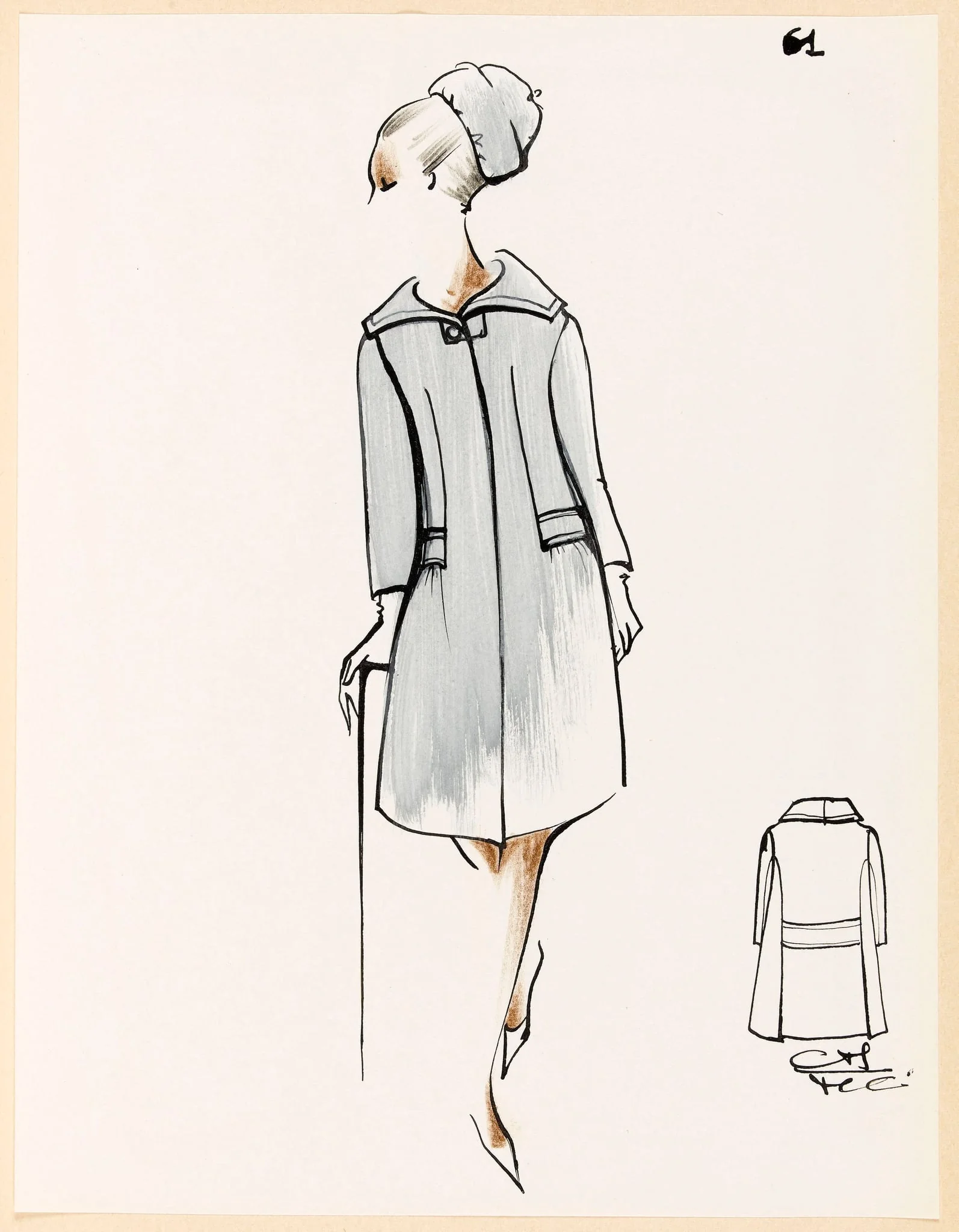 Manteau gris bleu et chapeau assorti, detail