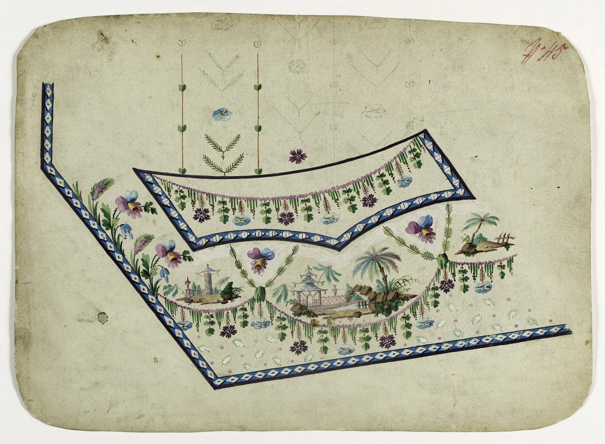 Gilet décor paysage chinois, projets de broderies de gilet, XVIIIème siècle, detail