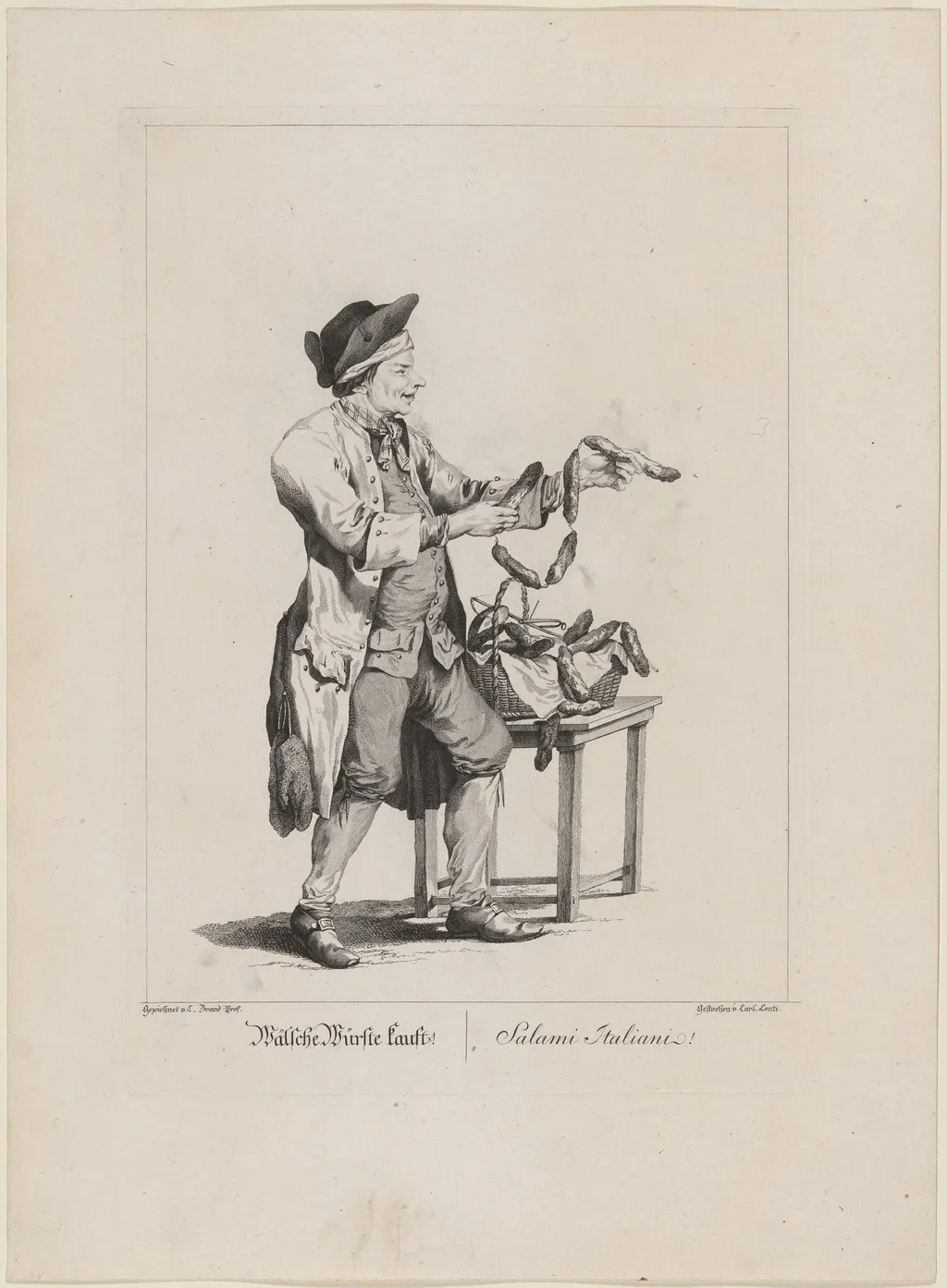 Wälsche Würste kauft! (Sausage Seller), by Carl Conti, ink, 1775