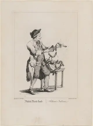 Wälsche Würste kauft! (Sausage Seller), by Carl Conti, ink, 1775