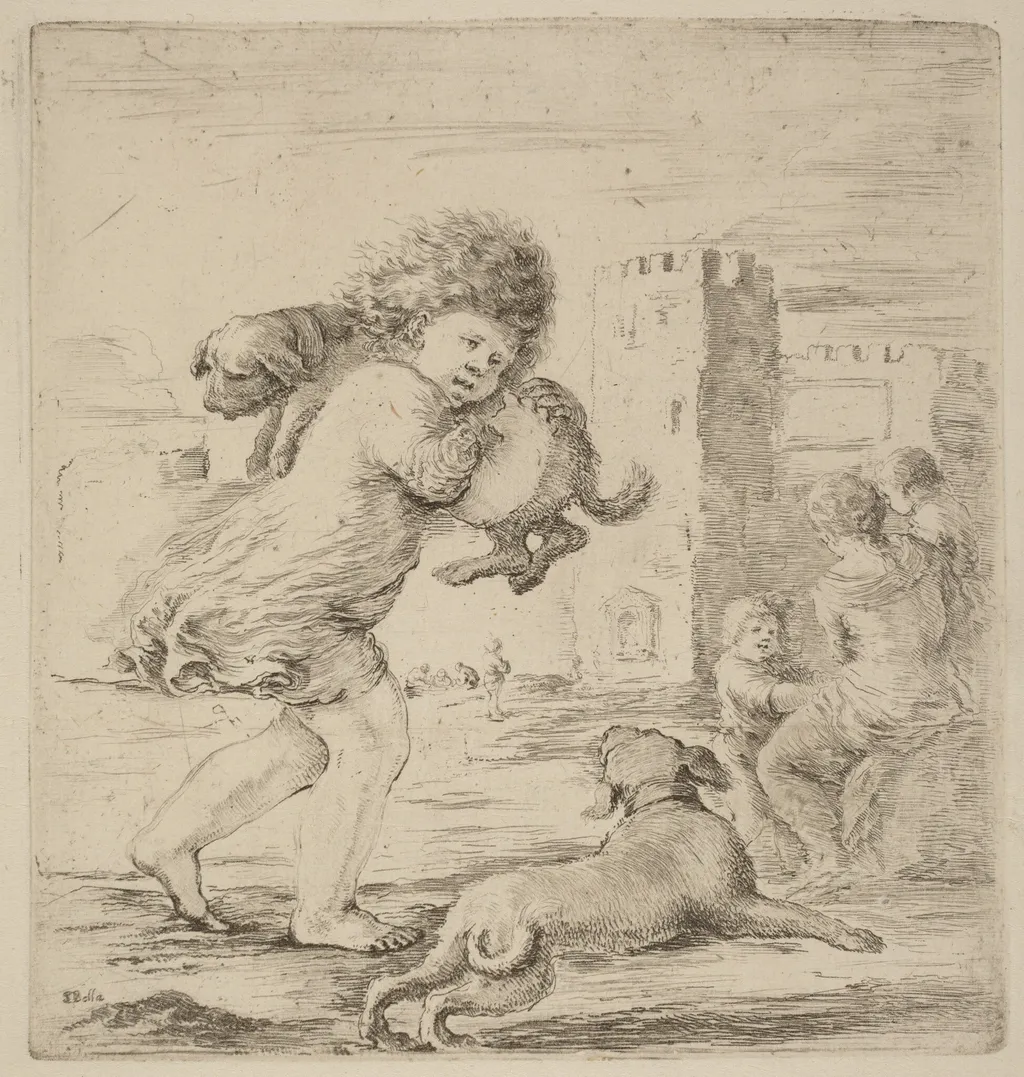 Child Holding a Puppy, by Stefano Della Bella, ink, 1637