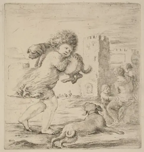 Child Holding a Puppy, by Stefano Della Bella, ink, 1637