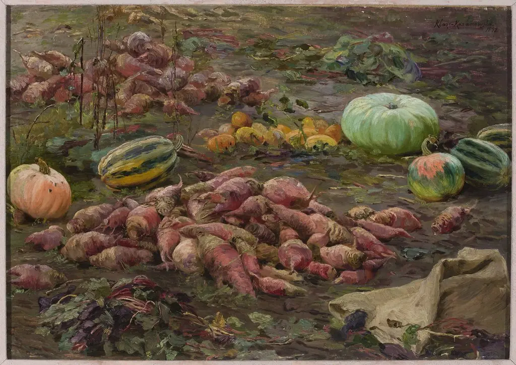 Still life – bumpkins and pumpkins in the field, by Maria Klass-Kazanowska, oil, 1896
