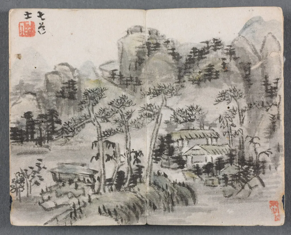 Miniature Album with Figures and Landscape (Landscape with Two Buildings), by Zeng Yangdong, unspecified, 1822