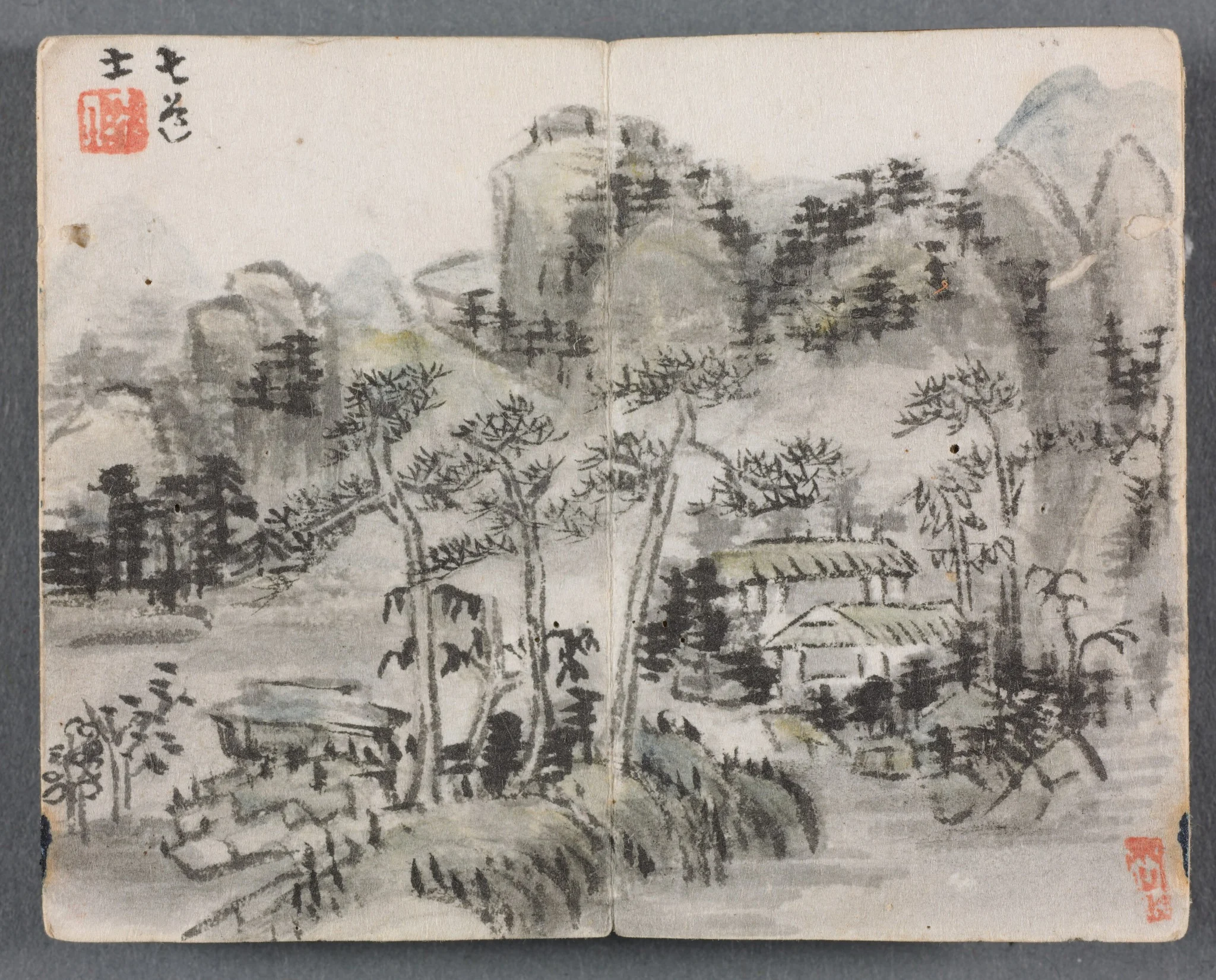 Miniature Album with Figures and Landscape (Landscape with Two Buildings), detail