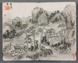 Miniature Album with Figures and Landscape (Landscape with Two Buildings), by Zeng Yangdong, unspecified, 1822