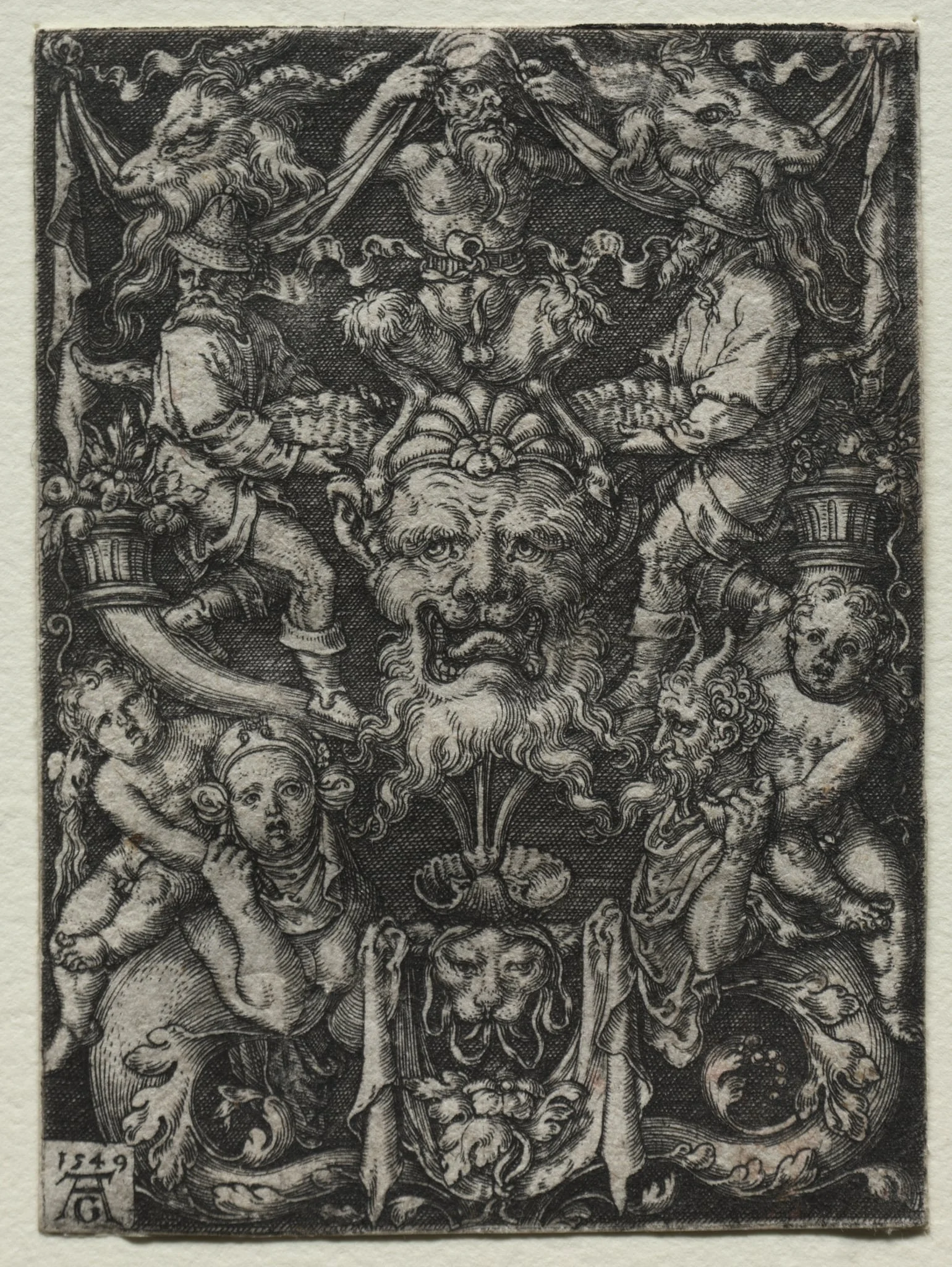 Ornament Design with a Mask, A Couple of Tritons, and Two Children Below, detail