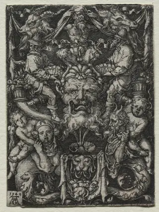 Ornament Design with a Mask, A Couple of Tritons, and Two Children Below, by Heinrich Aldegrever, 1549