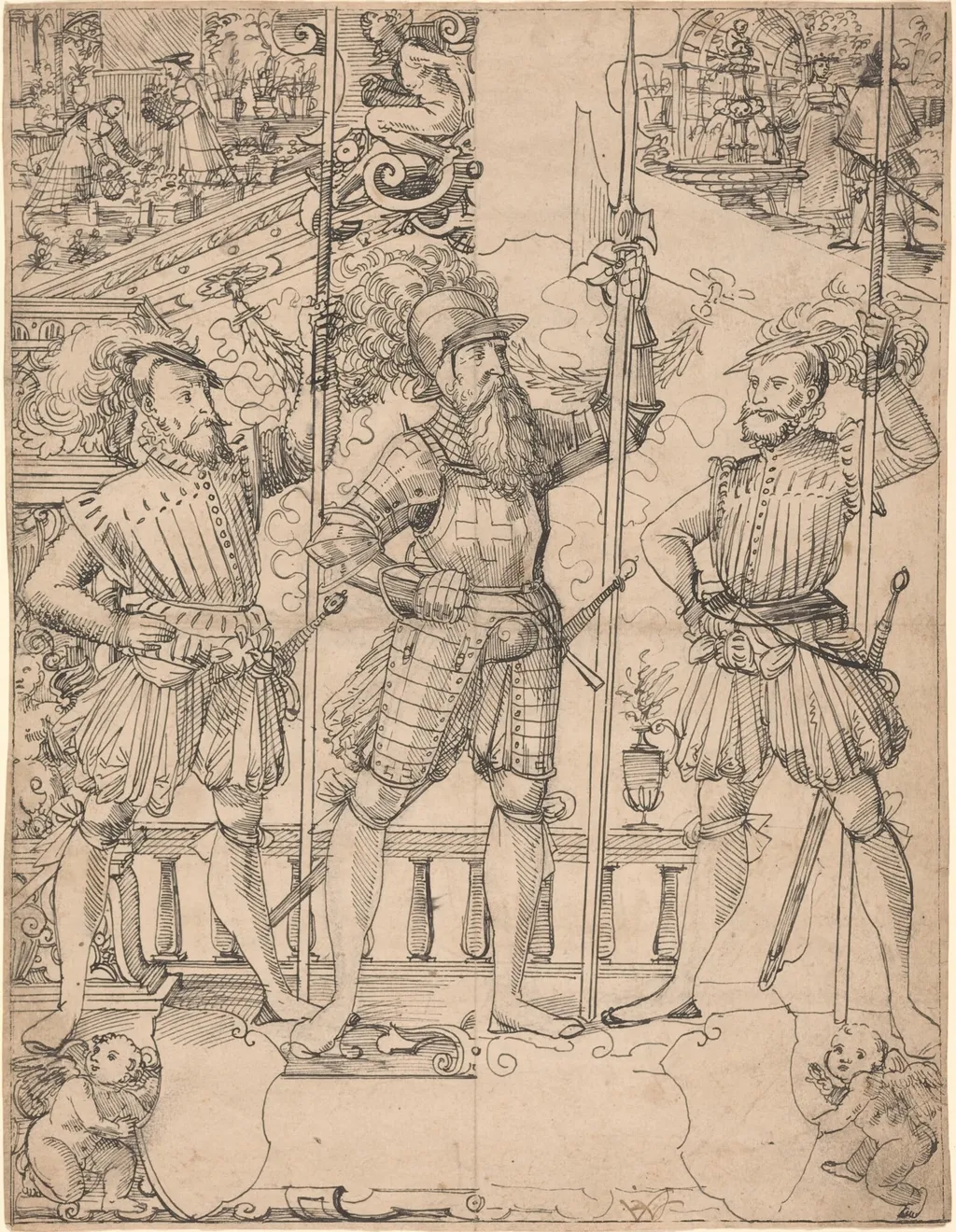 Halberdier and Two Pikemen, by Hans Jakob Plepp, ink, 1576