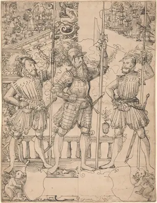 Halberdier and Two Pikemen, by Hans Jakob Plepp, ink, 1576